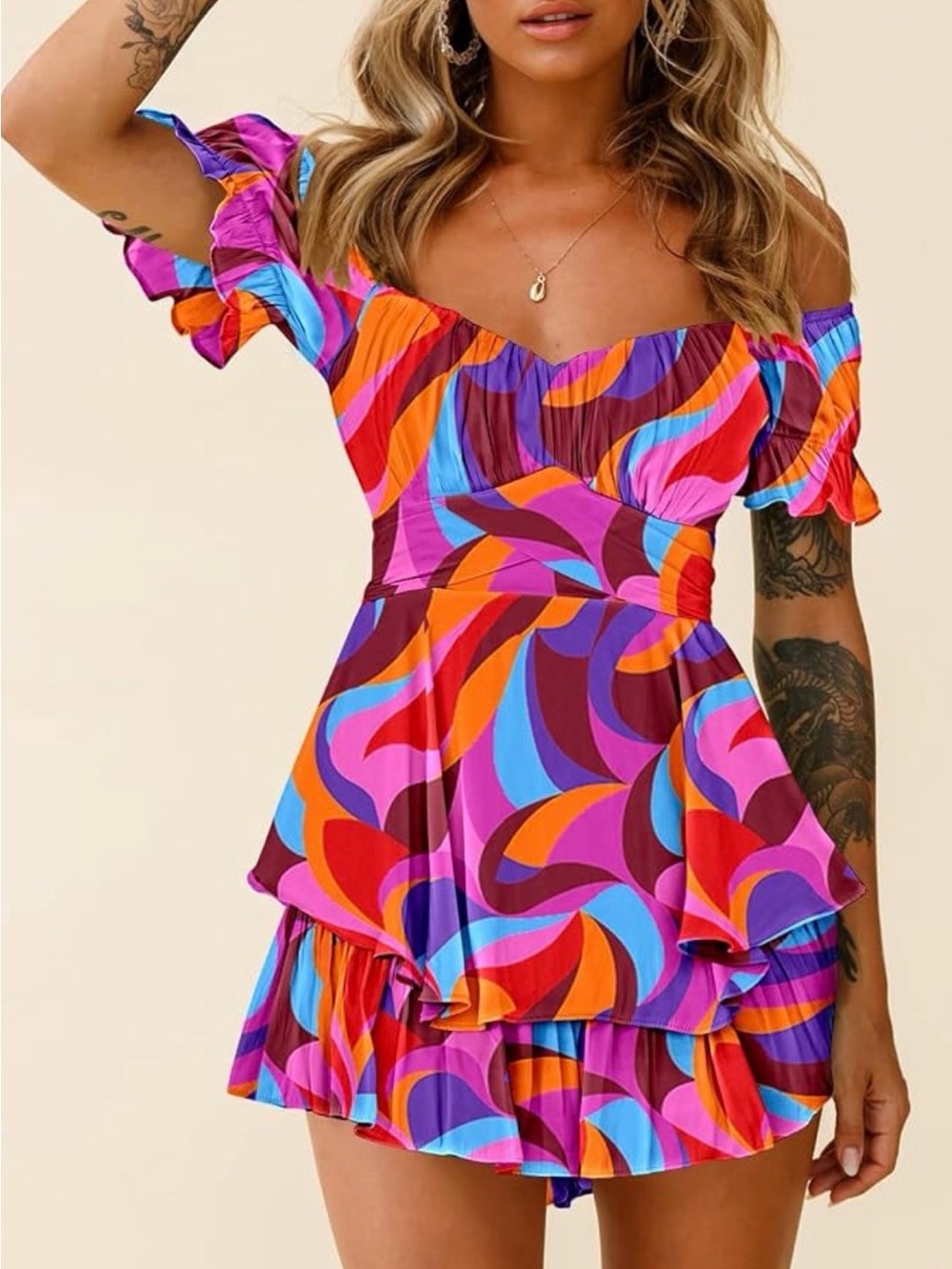 Abstract Ruffle Multicolor Mini Dress